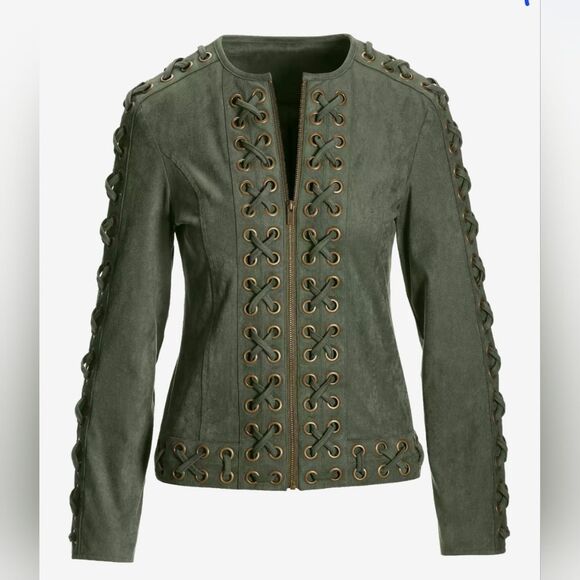 NWOT Boston Proper Khaki Olive Green Lace Up Grommet Faux Suede Jacket Sz Med - Picture 3 of 11